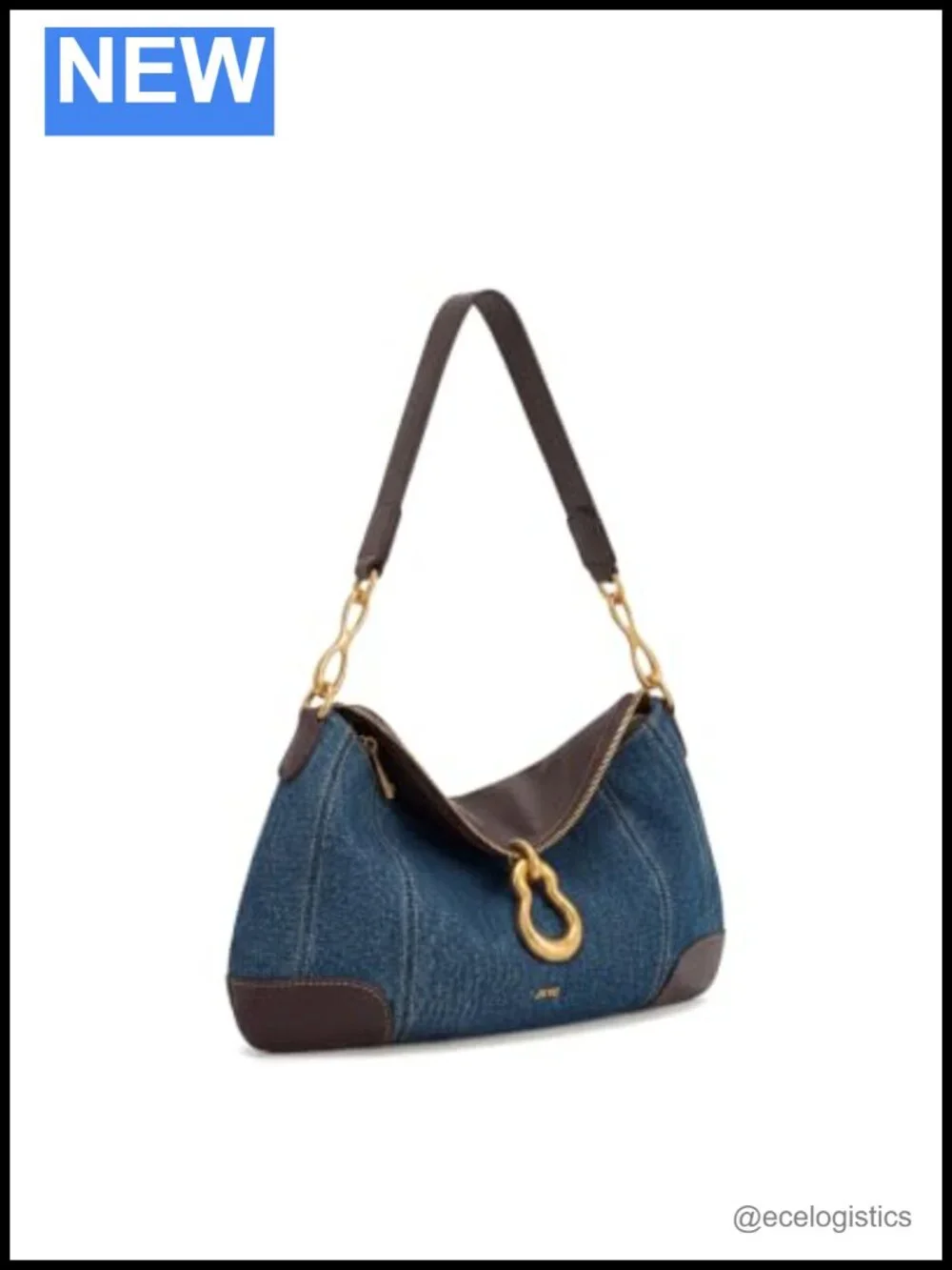 Washed Denim Hobo Shoulder Bag with Gold Hardware, Pendant Embellished, Handbag